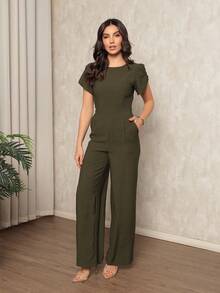 Women's Jumpsuit In Plain Marrant, Pocket, Pantaloons With Petal Sleeves, Simple Pocket Office - 墨綠色 - 查看 1