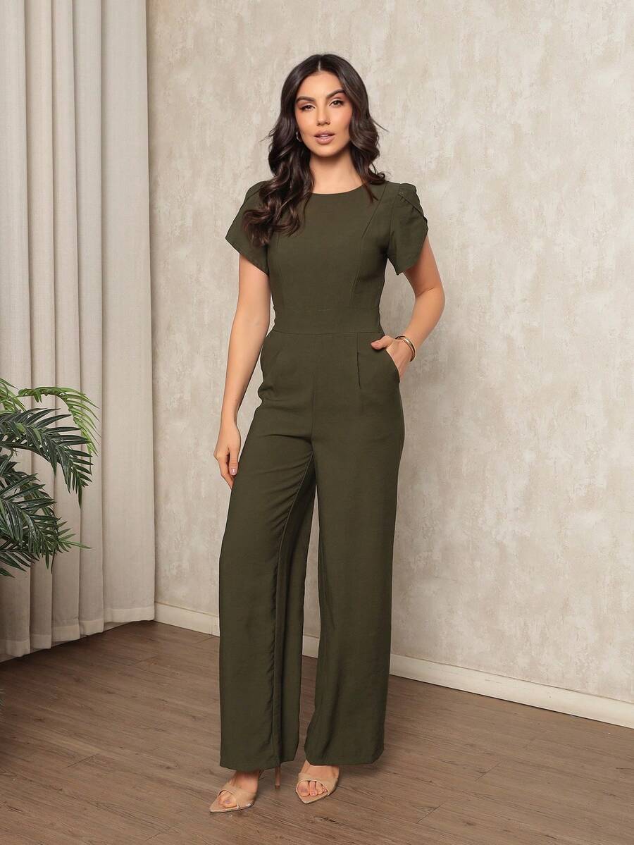 Women's Jumpsuit In Plain Marrant, Pocket, Pantaloons With Petal Sleeves, Simple Pocket Office - Màu xanh lá cây đậm - Xem 1