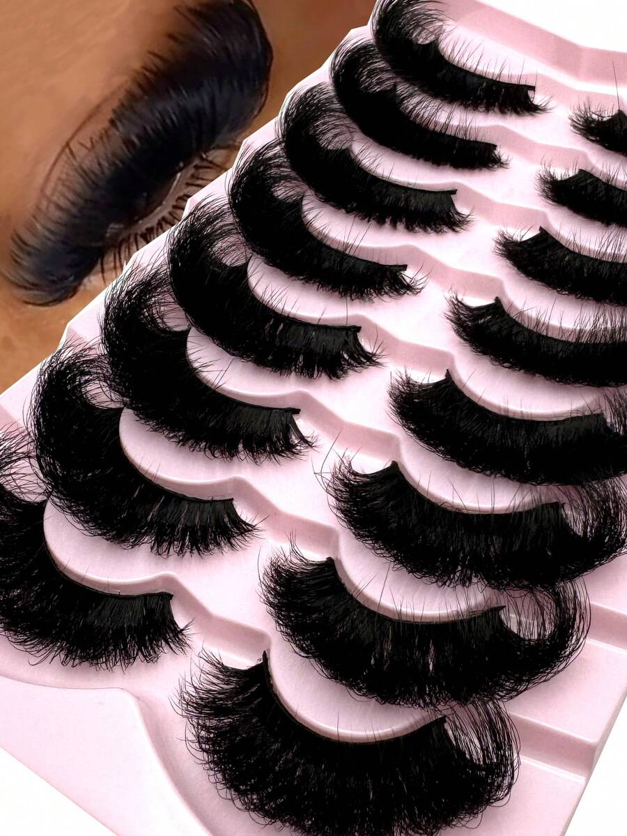 New 8 Pairs/Pack Natural Extension Thick Fluffy Volume False Eyelashes Dramatic Messy Mink Lashes Wispy Long Reusable Eyelashes 8D Volume Lasting Wispy False Eyelash Strips Foxy Eye Lifting Look Extension Full Eyelash Strip To Lengthen And Volumize The Outer Corner Of Your Eye Beauty Makeup Gift For Women & Girl - 黑色 - 查看 1