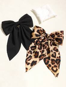 2pcs Leopard Print & Solid Satin Bow Long Tail Hair Clip Headpiece Claw Clips Hair Claws Hair Barrettes, School Stuff, Elegant, College, Bows, Cute, Classy, Winter Outfit Women, Hair Accessories - Multicolor - View 5