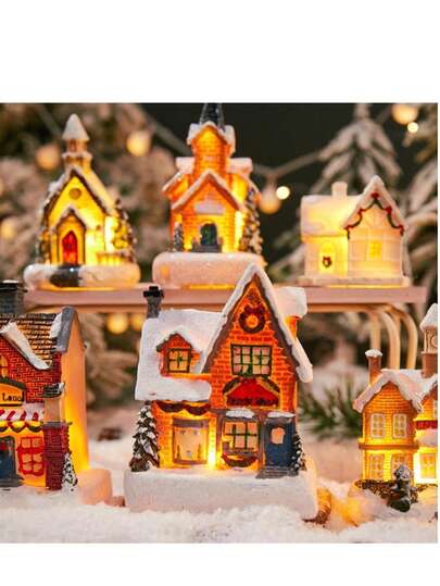 LED树脂圣诞小屋，圣诞树装饰，迷你圣诞村小屋，发光圣诞礼物，新年装饰，圣诞节和感恩节礼物