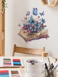 1 قطعة ملصق فني ملون بتصميم الفراشة والكتاب السحري - ملصق جداري ذاتي اللصق مقاوم للماء وقابل للإزالة، مثالي للغرف المعيشية والنوم والثلاجات المنزلية والزجاج والمرايا وديكور التجميل، يجعل ديكور المنزل أكثر إثارة للاهتمام