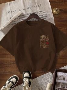 1pc Women Leopard Print & Letter Graphic Short Sleeve T-Shirt, Casual Crew Neck Cute Top, Suitable For Fall Outfits, Back To School Season