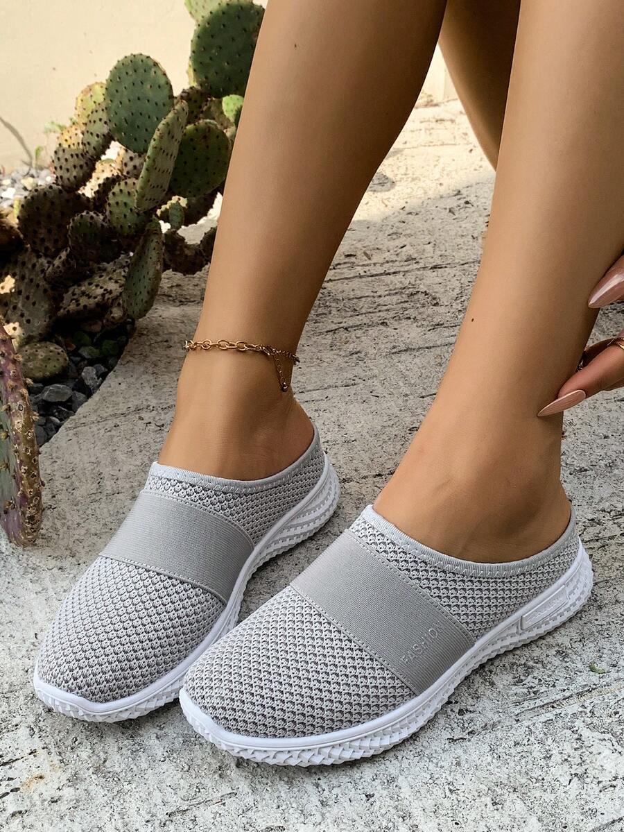 Scarpe casual da donna alla moda in maglia grigia traspirante, scarpe slip-on comode, eleganti mocassini casual, scarpe sportive da tempo libero senza tallone per donne