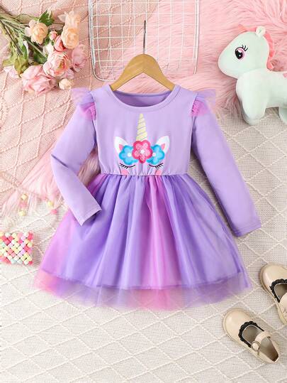 Robe en tulle arc-en-ciel pour filles, robe de princesse à manches longues et col rond imprimée mignonne pour enfants, robe mi-longue décontractée et mignonne avec imprimé licorne coloré et transparent, convient pour le port quotidien décontracté et les fêtes