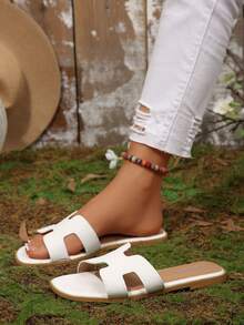 新款女士时尚优雅镂空PU皮沙滩凉鞋，春夏穿搭 - 白色 - 查看 5