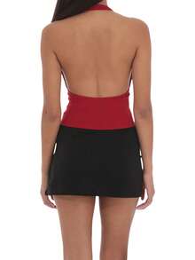 Women Halter Tank Tops Dot/Solid Color Sleeveless Open Back Slit Hem Summer Going Out Vest Shirts - Red - View 6