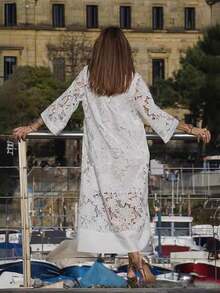 tooluck Elegant Women's Bohemian Style Casual Straight Skirt Contrast Lace Embroidery Holiday Beach Maxi Dress - 白色 - 查看 3