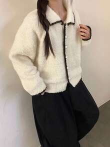 韩版秋冬新款复古毛绒领针织套头开衫短款外套 - 白色 - 查看 4