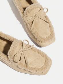 女士时尚复古绒面绒面毛绒保暖一脚蹬乐福鞋，杏仁头，百搭，保暖，蝴蝶结软底，2025秋冬新款 - 杏色 - 查看 9