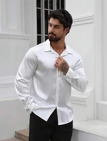 Mens Silk Satin Shirts Long Sleeve Button Down Loose Fit Dress Shirt Luxury Party Prom Wedding Shirtshalloween - 白色 - 查看 2