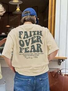 180g Faith Over Fear Christian Graphic-Shirt |   Women's Casual Vacation Bible Verse Tee |   Summer Round Neck Short Sleeve Top Summer-Shirt Women Casual Loose Top Letter Print Tee - 杏色 - 查看 6