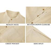 Mens Kurta Cotton Linen Henley Shirts Kaftan Short Sleeve Lounge Plain Gown Shirt-20256688 - 米色 - 查看 7