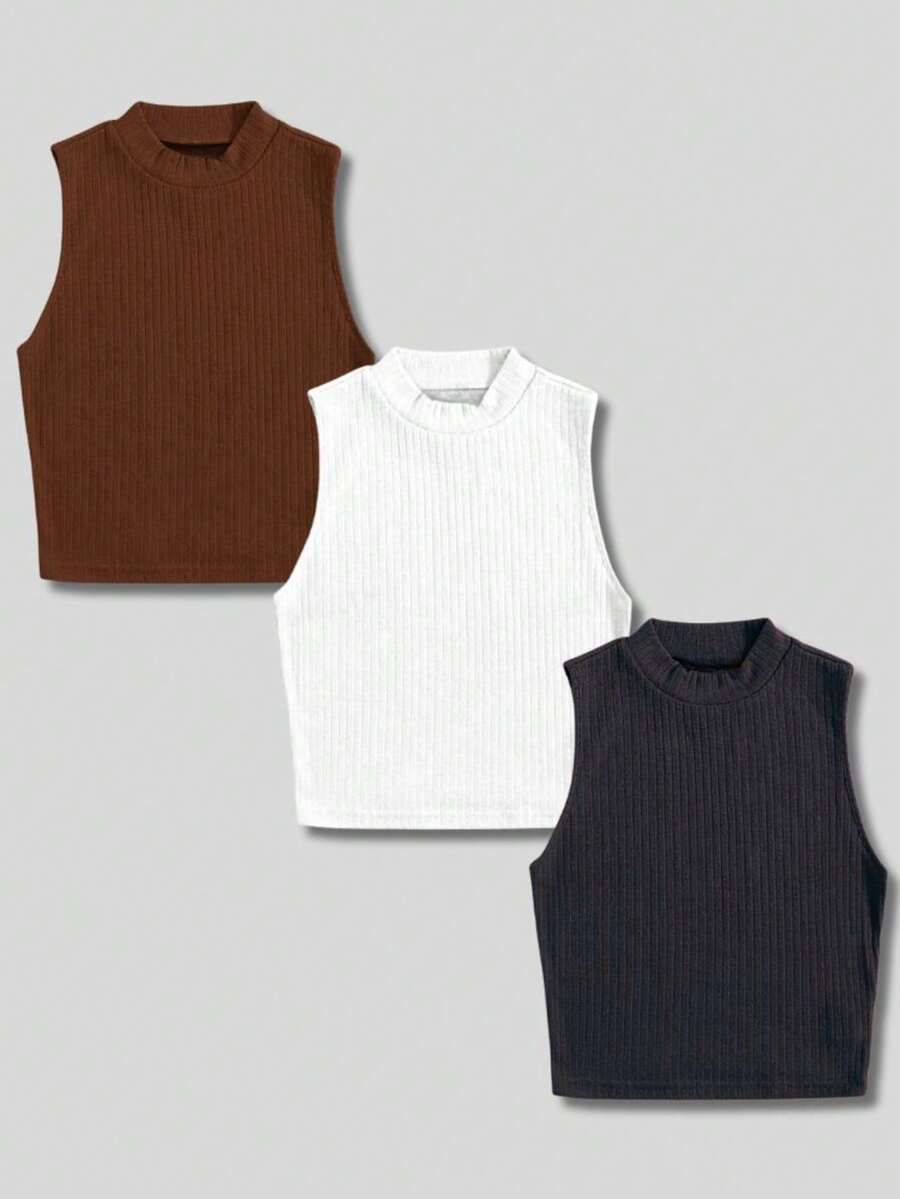 Kit With 3 Cropped High Neck Ribbed Women's Blogger Blouses - Đen/trắng/nâu - Xem 1