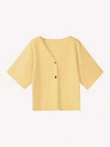 Áo khoác cardigan dệt kim tay ngắn cổ chữ V dành cho nữ của FOR BEAUTY, thời trang và thanh lịch, phù hợp cho công sở và dịp năm mới. - màu vàng nhạt - Xem 3