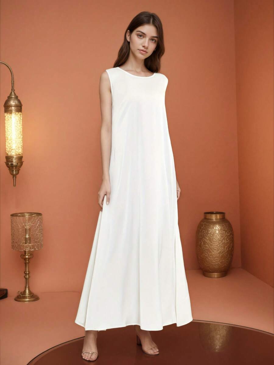 BEAUTY AMINAH 缎面百搭宽松吊带背心连衣裙，无袖丝绸休闲连衣裙 - 白色 - 查看 1