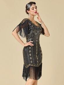 1920s Great Gatsby Dresses For Women, Vintage Long Fringe Dress Roaring 20s Sequins Beaded Dress - Gold - View 3