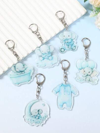 6 件蓝色小象服装风格主题婴儿洗礼亚克力钥匙扣、蓝色小象服装图案 1 岁生日吊坠钥匙扣、婴儿洗礼派对礼物装饰钥匙扣、亚克力装饰、性别揭晓派对钥匙扣小礼品、婴儿洗礼装饰、包包和手机钥匙扣、性别揭晓装饰、可爱卡通礼物，适合性别揭晓派对礼物、婴儿洗礼礼物