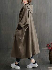 女士宽松轻薄长款风衣，民族风，带大口袋，纽扣前襟，连帽设计，休闲百搭，适合秋冬季穿着。 - 深卡其 - 查看 5