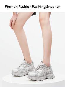 somiliss 6厘米厚底系带网面水钻女式运动鞋，休闲运动鞋，时尚厚底户外步行鞋，灰色，四季皆宜 - 灰色 - 查看 9