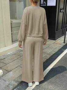 Fisoew Women Batwing Sweatshirt Wide Leg Pants Set Casual Fall Loungewear Two Piece Outfit Cozy Sweatsuit - Khaki - View 4