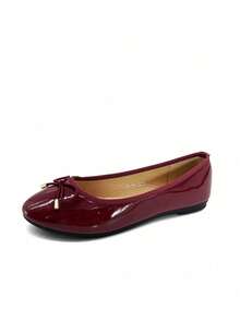 REVREAL Women's Patent Leather Ballet Flats With Bow Decor - Burgundy - View 2