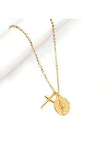 1 chiếc vòng cổ mặt thánh giá Maria bằng thép không gỉ, phụ kiện hip hop dành cho cả nam và nữ - Vàng - Xem 7