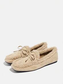 女士时尚复古绒面绒面毛绒保暖一脚蹬乐福鞋，杏仁头，百搭，保暖，蝴蝶结软底，2025秋冬新款 - 杏色 - 查看 7