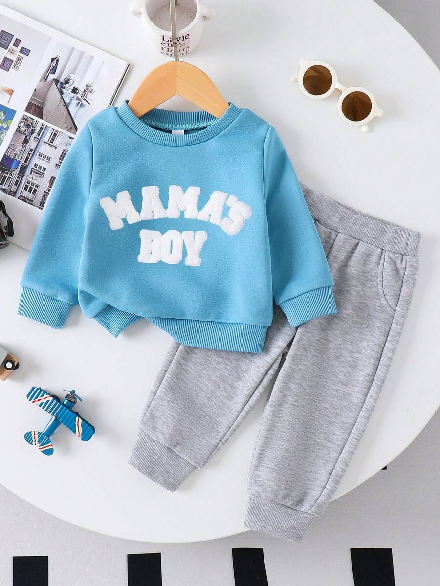 Toddler Boys' Casual Letter Print Crew Neck Long Sleeve Top And Solid Color Pants Set, Autumn/Winter - Blue - View 1