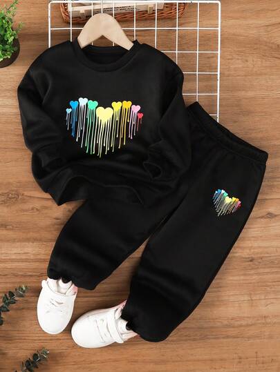 Girl Cartoon Heart Print Outfits Sweatsuit Oversized Sweatshirt Lounge Sets Baggy Sweatpants Fall Fashion With Pockets