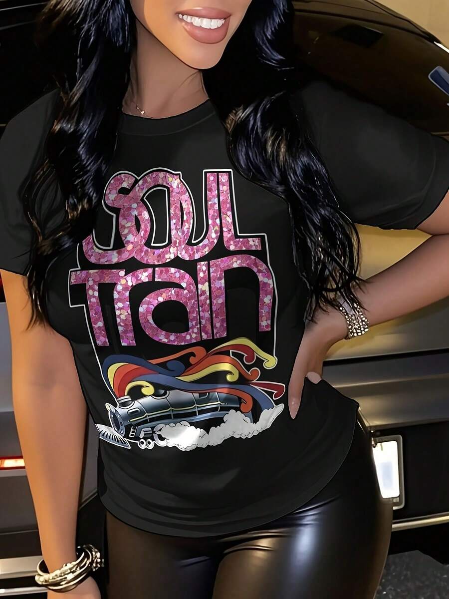 Women's Retro Soul Train Pattern T-Shirt - Black 70s Disco Party Shirt With Blue And Red Accents - Soft Crew Neck Casual Top, Machine Washable For Summer Themed Events And Casual Outfits, Classic Crew Neck Design, Comfortable Fit, Durable Print - 樣式2 - 查看 1