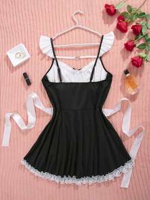 Vestido sexy plus size com babados e manga curta, laço e renda, patchwork, fantasia - Preto e Branco - Ver 2