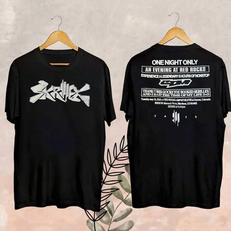 Camiseta negra exclusiva reimpresa del concierto de Skrillex en Red Rocks 2025 - Suave y cómoda para uso casual en todo momento, ideal para el gimnasio, actividades al aire libre y fiestas - Regalo perfecto - Negro - Ver 1