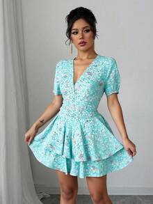 Vestido corto mujer estampado floral y plantas manga corta escote v verano casual día cordon ajustable bajo capas casual vacaciones primavera verano calle fiesta desayuno jardín calor - Azul - Ver 3