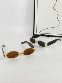 2 件方形女士时尚眼镜，新款 Y2K 街头风格眼镜 - 2PC中盒時尚金灰 金茶 - 查看 2