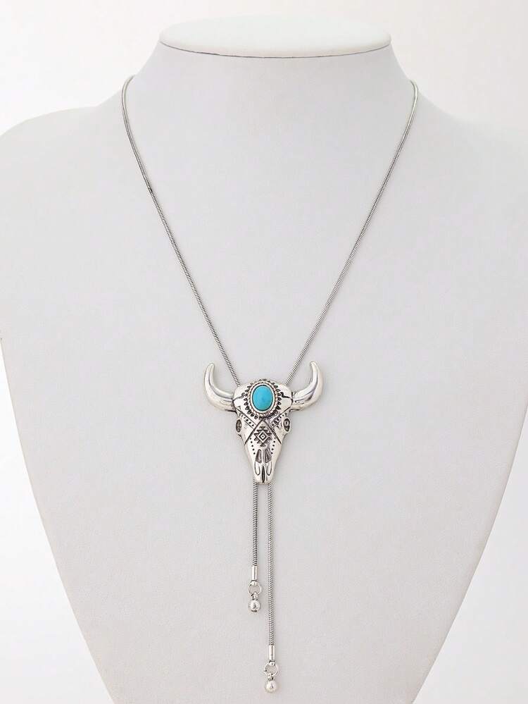 1pc Western Cowboy Style Turquoise Adjustable Snake Chain Necklace With Bull Head Pendant, Unisex - Necklace - View 14