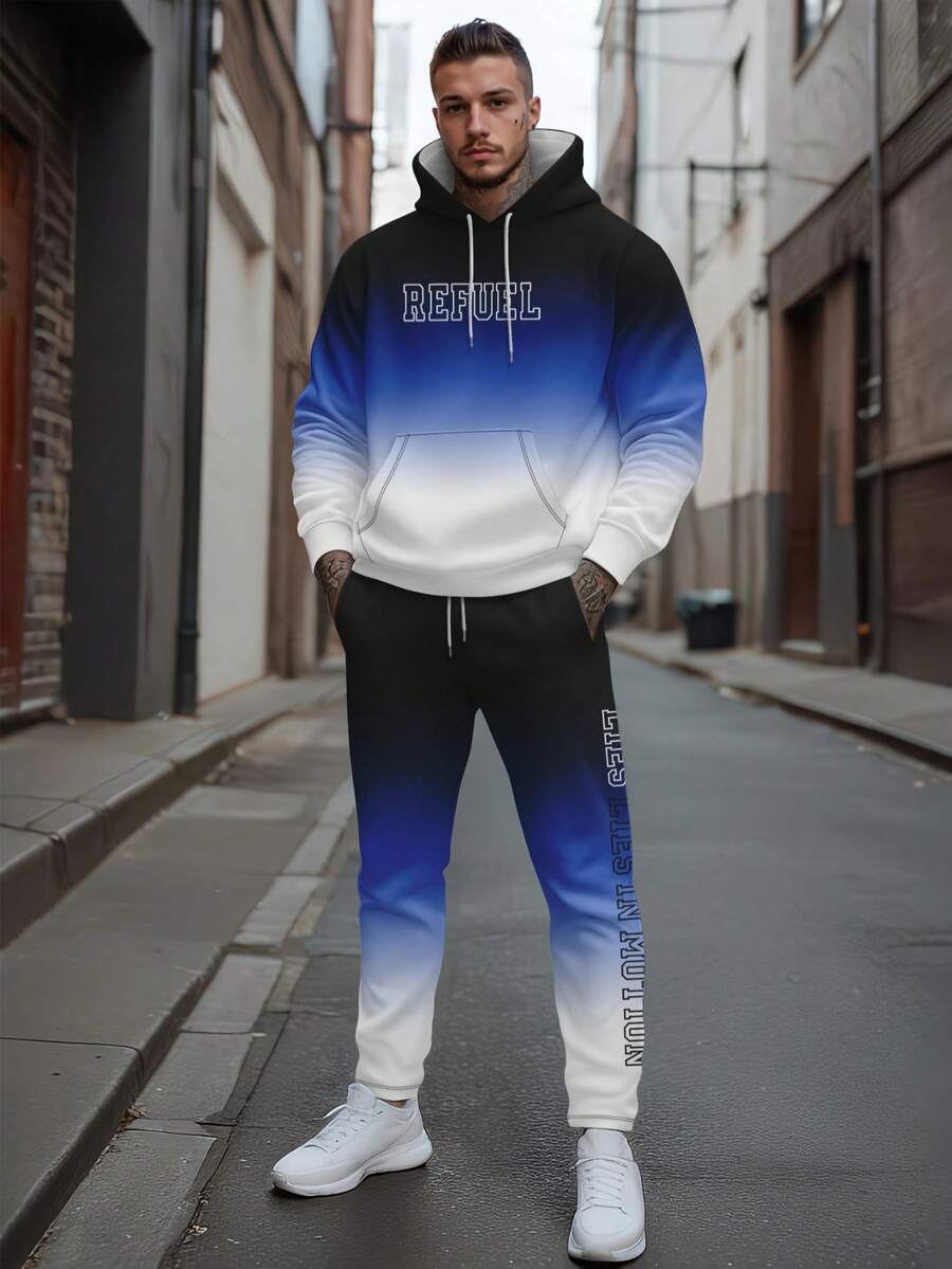 Men's Popular Ombre Print Hoodie And Pants Set, Casual Daily Wear, Fall Clothes - Multicolor - View 1