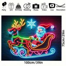 1 pièce Bannière de traîneau du Père Noël et des rennes au néon, décoration de fête vive, convient pour le salon, la chambre à coucher, le bureau - polyester durable, décoration polyvalente pour fête et baptême, rehausseur d'ambiance de Noël, décoration de Noël