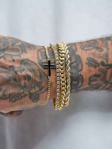 3pcs/4pcs/8pcs Set Men's Stainless Steel Cross & Cubic Zirconia Bracelet, Unisex Business Punk Style For Commute, Campus, Streetwear, Casual Outfit