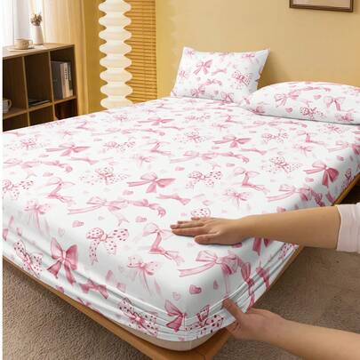 1件白色粉色蝴蝶结图案床笠，床垫保护套，情人节爱心床垫罩，柔软透气，适用于单人床、双人床、大号床、特大号床，深口袋设计，家纺产品，适合宿舍床铺