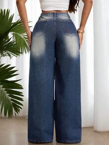 Casual Washed Floral Embroidered Wide-Leg Jeans - Blue - View 4
