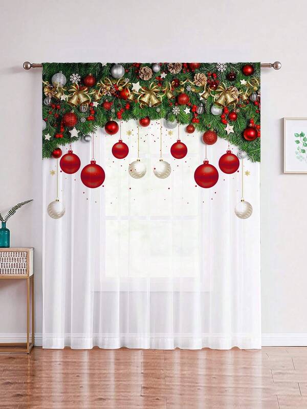 1pc Christmas Red Balloon Pine Needle Snowflake Print Curtain Sheer, Christmas Decor For Window, Wall, Bedroom, Office, Kitchen, Living Room, Home Decoration Curtain Christmas Decorations Christmas Decoration Christmas Decorations Home Room Decor