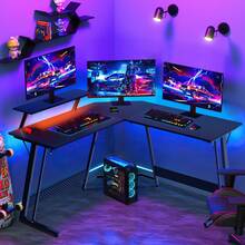 DEVOKO L Shaped Gaming Desk, Computer Desk With Moniter Stand, LED Light, Home Office PC Table Workstation - Black - View 2
