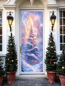 1 Stück 2D Banner, magische traumhafte Szene mit Weihnachtsbaum, Weihnachts-Türbanner Dekoration, Polyestermaterial 90*180cm, ohne Strom, multifunktionale Heim- und Outdoor-Feiertags-Dekoration