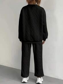 Relaxed Texture Pullover Pants, Long-Sleeved Round-Neck Sportswear And Jogging Pants Combination, Women's Clothing, High-Quality Textured Casual Pullover Set, Releasing A Sense Of Relaxation And Ease - màu đen - Xem 3