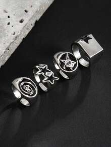 Bộ 4/3 nhẫn đính đá ngũ giác hình học bất đối xứng phong cách đường phố Hip Hop cổ điển, nhẫn xếp chồng cao cấp cá nhân hóa phù hợp cho nam giới, ngày lễ, tiệc tùng, hẹn hò, quà tặng, trang phục hàng ngày, trang sức đa năng - Bạc - Xem 9