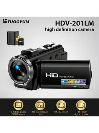  STUOGYUM 最新款 270° 翻转屏相机：16 倍光学变焦，1080P 高清视频，30fps，3 英寸显示屏，高清广角。内置 64GB 存储空间（可扩展），1000mAh 长效电池，自动对焦和 LED 闪光灯 - 专业摄影相机，适用于 Vlog、手机上传，集相机和摄像机于一体。