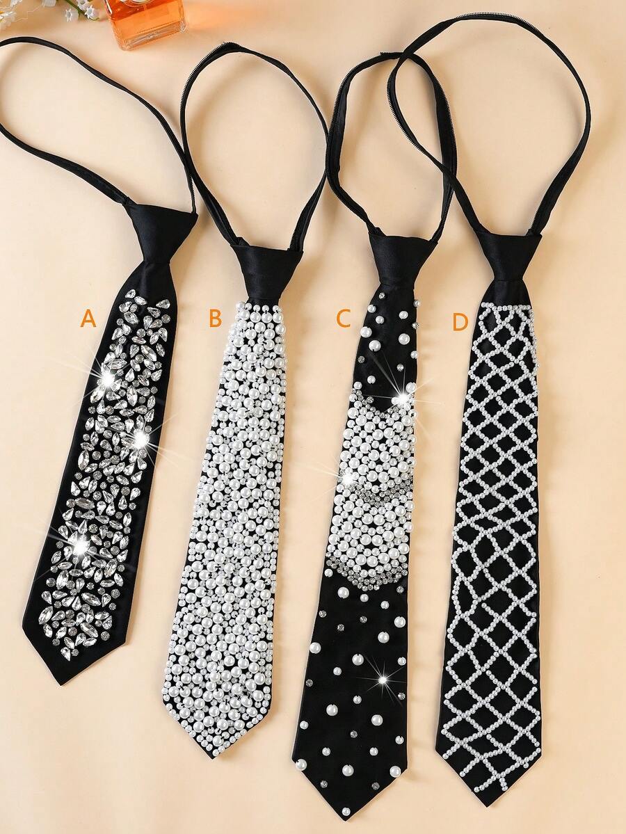 1 pieza Corbata de lujo premium para mujer, corbata de cuello totalmente hecha a mano con cuentas y cremallera, diseño versátil y lujoso adecuado para primavera, verano, otoño e invierno para vestir, para decoración navideña