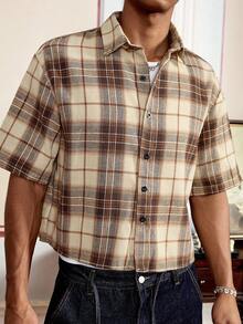 多种尺码男士宽松翻领短袖格子印花拼布休闲衬衫，街头潮流 - 彩色 - 查看 5