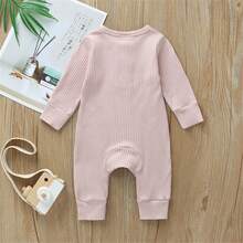 Newborn Baby Boy Girl Knitted Rib Romper Infant One Piece Jumpsuit Cotton Solid Long Sleeve  Bodysuit Basic Coming Home Outfits - 粉色 - 查看 2